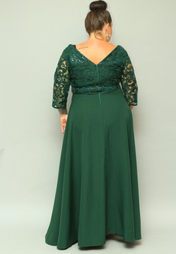 Sukienka Anastasia maxi wieczorowa rozkloszowana ekskluzywna dekolt serek koronka butelkowa zieleń cekiny listki
