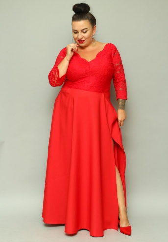 Sukienka Caterina maxi wieczorowa rozkloszowana ekskluzywna kopertowy dekolt koronka czerwona koronka kwiatki