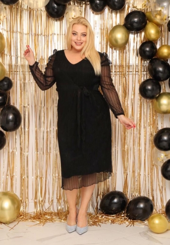Sukienka Bonita tiulowa z lekkim połyskiem midi wiązana w pasie czarna