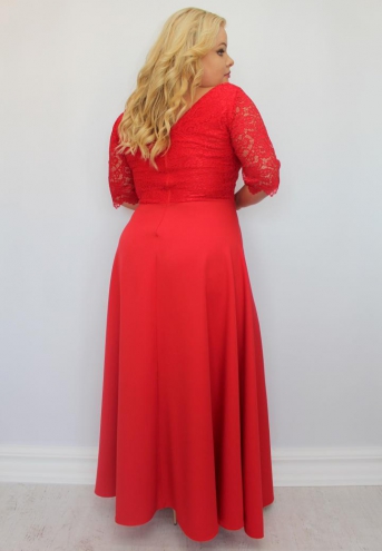 Sukienka Caterina maxi wieczorowa rozkloszowana ekskluzywna dekolt serek koronka czerwona gipiura