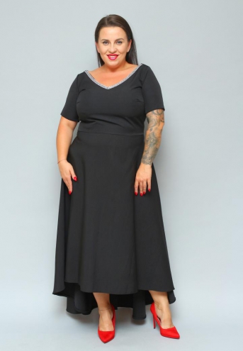 Sukienka Monica maxi wieczorowa rozkloszowana asymetryczna ekskluzywna cyrkoniowy dekolt czarna
