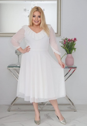 Sukienka Fabiola lekka zwiewna rozkloszowana tiulowa w groszki biała