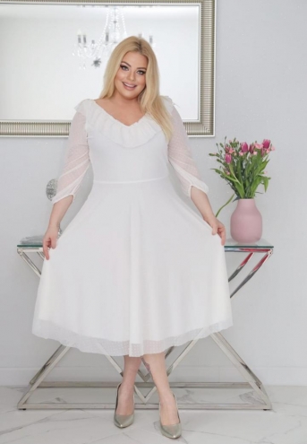 Sukienka Fabiola lekka zwiewna rozkloszowana tiulowa w groszki biała