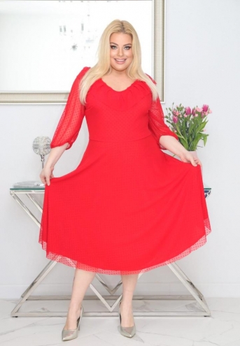 Sukienka Fabiola lekka zwiewna rozkloszowana tiulowa w groszki czerwona