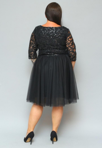 Sukienka Felima rozkloszowana z tiulu z kopertowym dekoltem EKSKLUZYWNA czarna cekiny listki