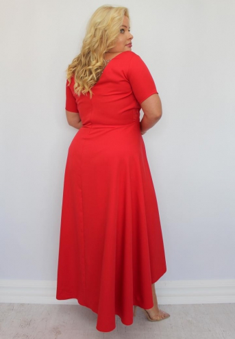 Sukienka Alessia asymetryczna rozkloszowana kopertowy dekolt ozdoba plecy czerwona