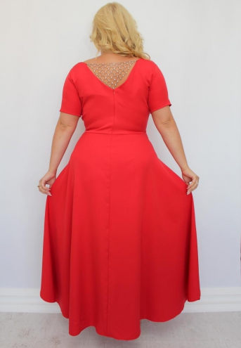 Sukienka Alessia asymetryczna rozkloszowana kopertowy dekolt ozdoba plecy czerwona