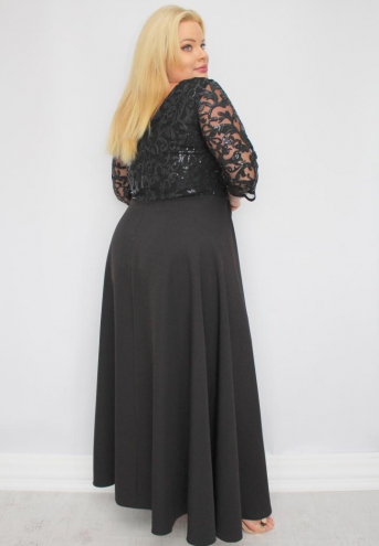 Sukienka Anastasia maxi wieczorowa rozkloszowana ekskluzywna dekolt serek czarna cekiny listki