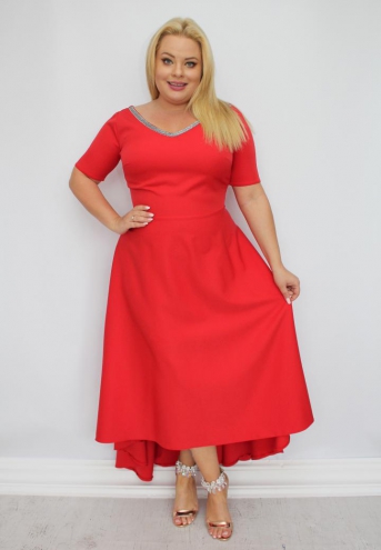Sukienka Monica maxi wieczorowa rozkloszowana asymetryczna ekskluzywna cyrkoniowy dekolt czerwona