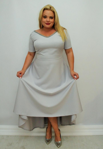 Sukienka Monica maxi wieczorowa rozkloszowana asymetryczna ekskluzywna cyrkoniowy dekolt popiel