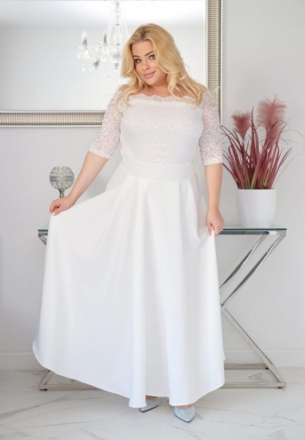 Sukienka Tamara maxi wieczorowa rozkloszowana ekskluzywna hiszpanka koronka gładka biała