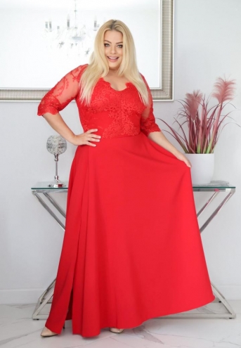 Sukienka Claudia maxi wieczorowa rozkloszowana ekskluzywna dekolt serek koronka czerwona