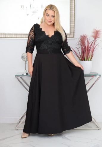 Sukienka Claudia maxi wieczorowa rozkloszowana ekskluzywna dekolt serek koronka czarna