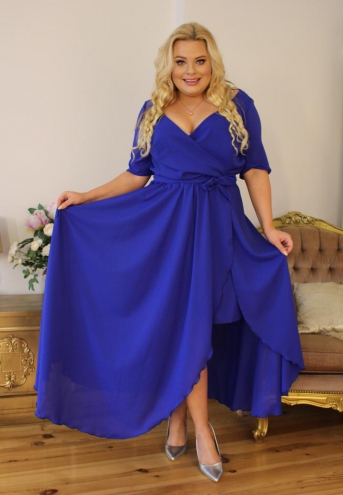 Sukienka Sofija o długości maxi rozkloszowana zwiewna kopertowy dekolt szyfon chabrowa