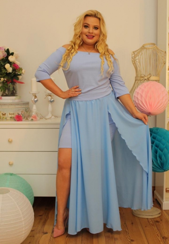 Sukienka Antonina hiszpanka rozkloszowana szyfon efektowne rozporki błękitna