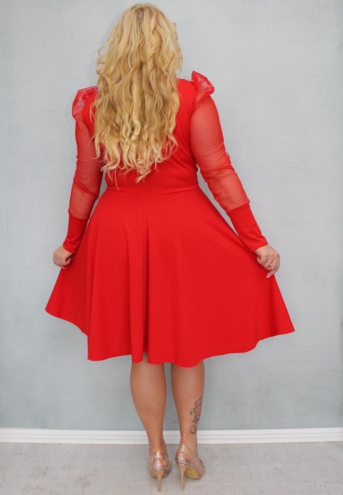 Sukienka Jessica rozkloszowana rękawy z tiulu bufki czerwona