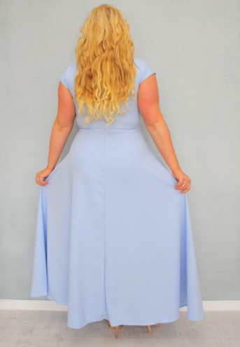 Sukienka Camilia maxi wieczorowa rozkloszowana ekskluzywna kopertowy dekolt błękitna