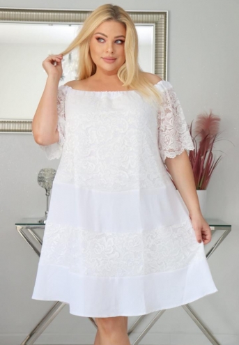 Sukienka Wera wiskozowo-koronkowa trapezowa hiszpanka biała