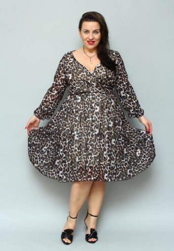 Sukienka Latina rozkloszowana szyfonowa lekka zwiewna brązowa panterka