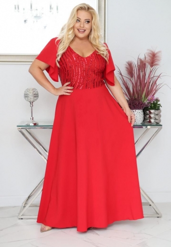 Sukienka Amelia maxi wieczorowa rozkloszowana ekskluzywna dekolt serek cekinowa góra czerwona