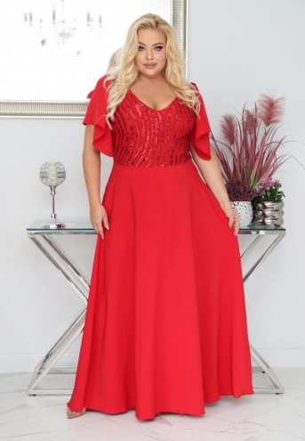 Sukienka Amelia maxi wieczorowa rozkloszowana ekskluzywna dekolt serek cekinowa góra czerwona