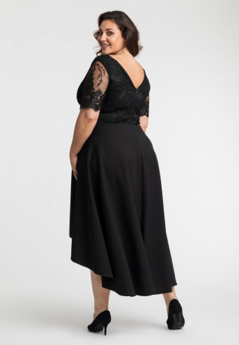 Sukienka Layla asymetryczna rozkloszowana kopertowy dekolt ekskluzywna koronka czarny