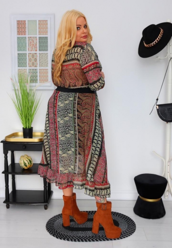 Sukienka Tamira o długości maxi rozkloszowana zwiewna kopertowy dekolt szyfon w pasy