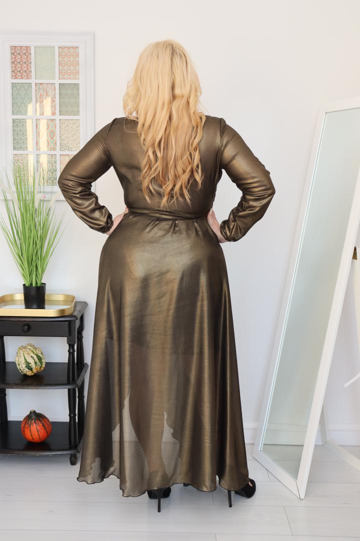 Sukienka Sofija o długości maxi rozkloszowana zwiewna kopertowy dekolt połyskujące szyfon złota