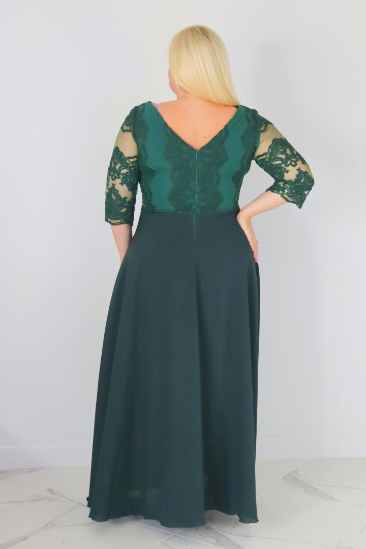 Sukienka Stefania koktajlowa rozkloszowana ekskluzywna kopertowy dekolt koronka dół zwiewny szyfon angielska zieleń