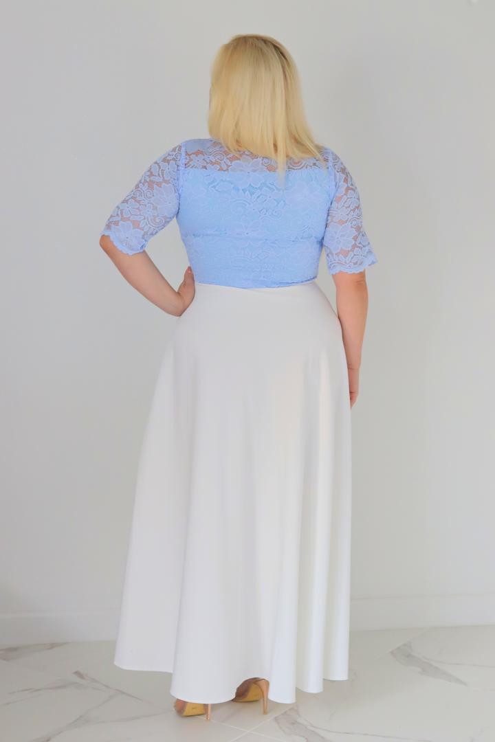 Sukienka Juliana koktajlowa rozkloszowana ekskluzywna dekolt serce koronka błękit z białym dołem
