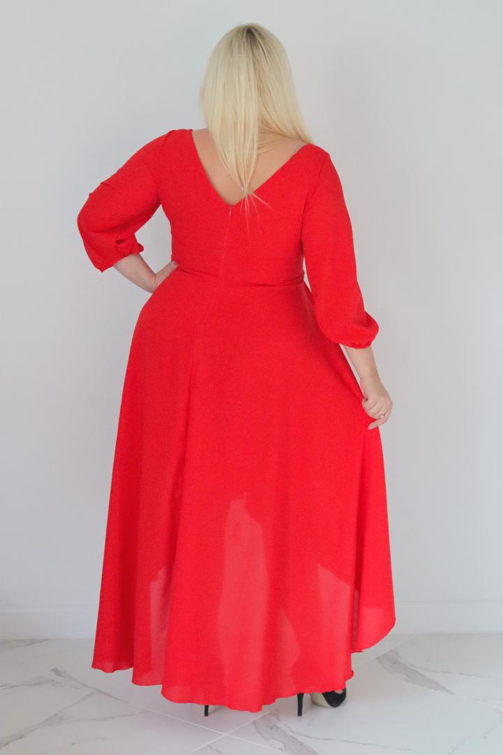 Sukienka Etna asymetryczna rozkloszowana kopertowy dekolt ozdoba szyfon czerwona