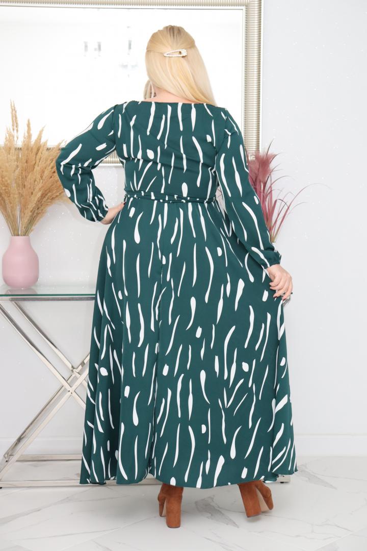 Sukienka Idalia rozkloszowana zwiewna tkanina silk kopertowy dekolt wzór z butelkową zielenią