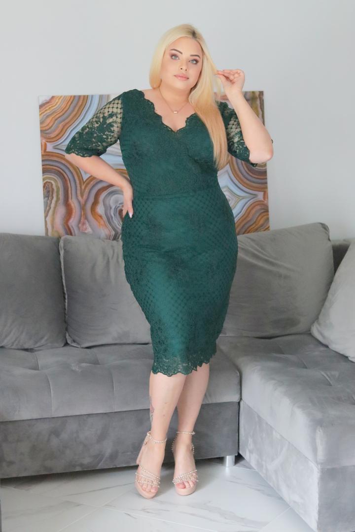 Sukienka Aubrey ołówkowa ekskluzywna koronkowa butelkowa zieleń