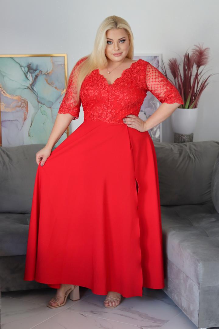 Sukienka Persefona koktajlowa rozkloszowana ekskluzywna kopertowy dekolt koronka czerwona