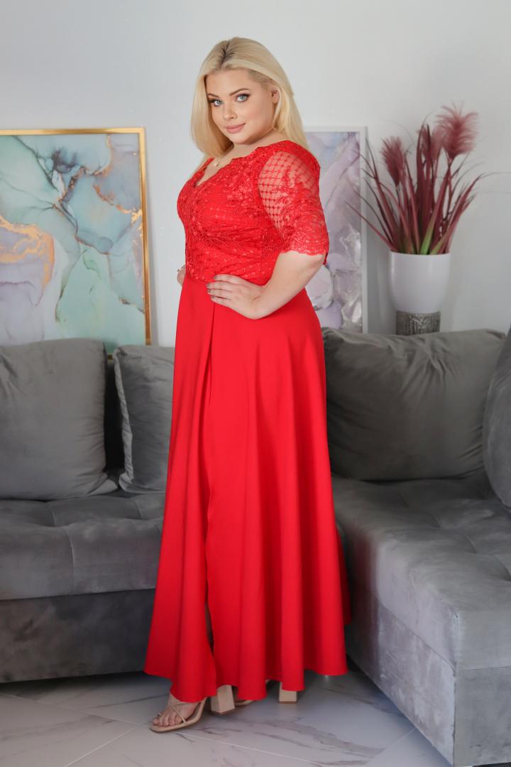 Sukienka Persefona koktajlowa rozkloszowana ekskluzywna kopertowy dekolt koronka czerwona