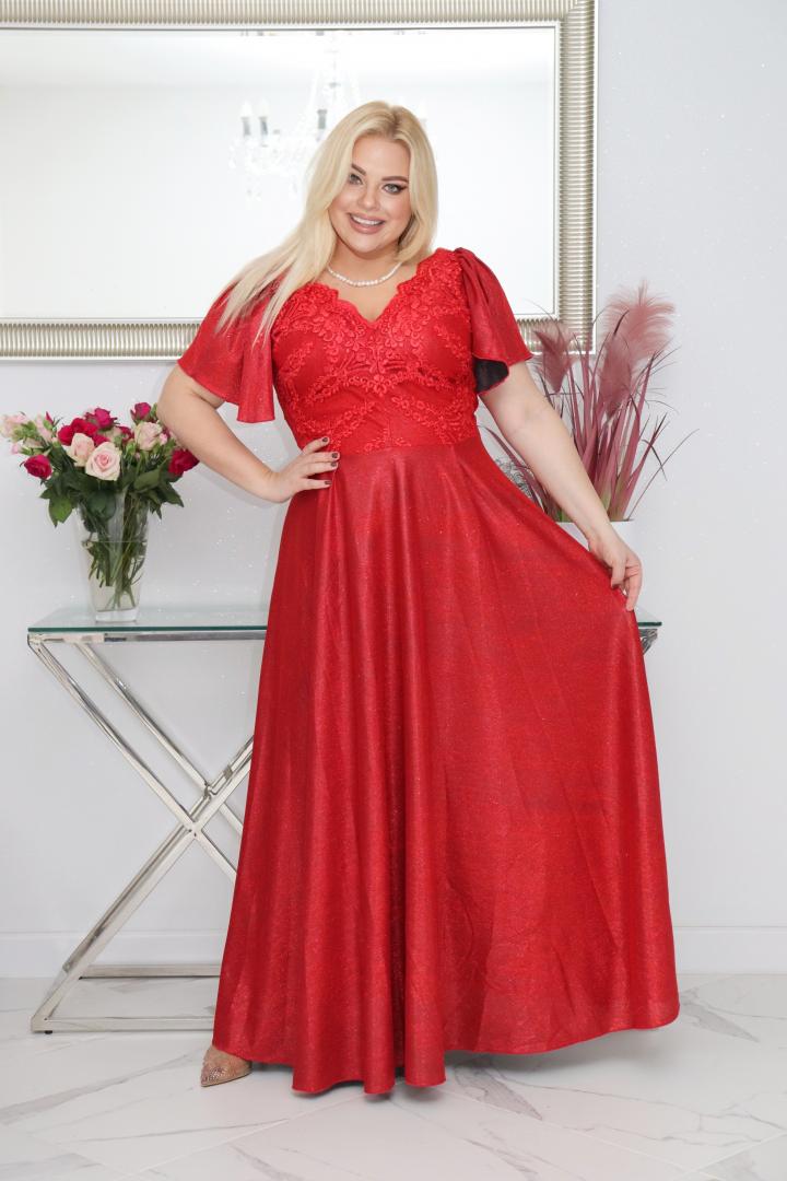 Sukienka Beatrice maxi wieczorowa rozkloszowana ekskluzywna dekolt serek brokatowa czerwona