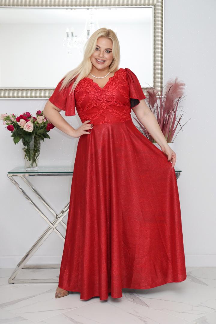 Sukienka Beatrice maxi wieczorowa rozkloszowana ekskluzywna dekolt serek brokatowa czerwona