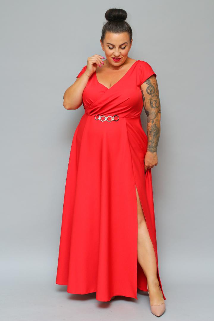 Sukienka Camilia maxi wieczorowa rozkloszowana ekskluzywna kopertowy dekolt czerwona