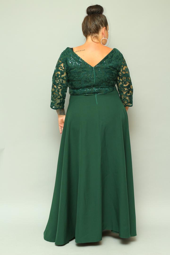 Sukienka Anastasia maxi wieczorowa rozkloszowana ekskluzywna dekolt serek koronka butelkowa zieleń cekiny listki