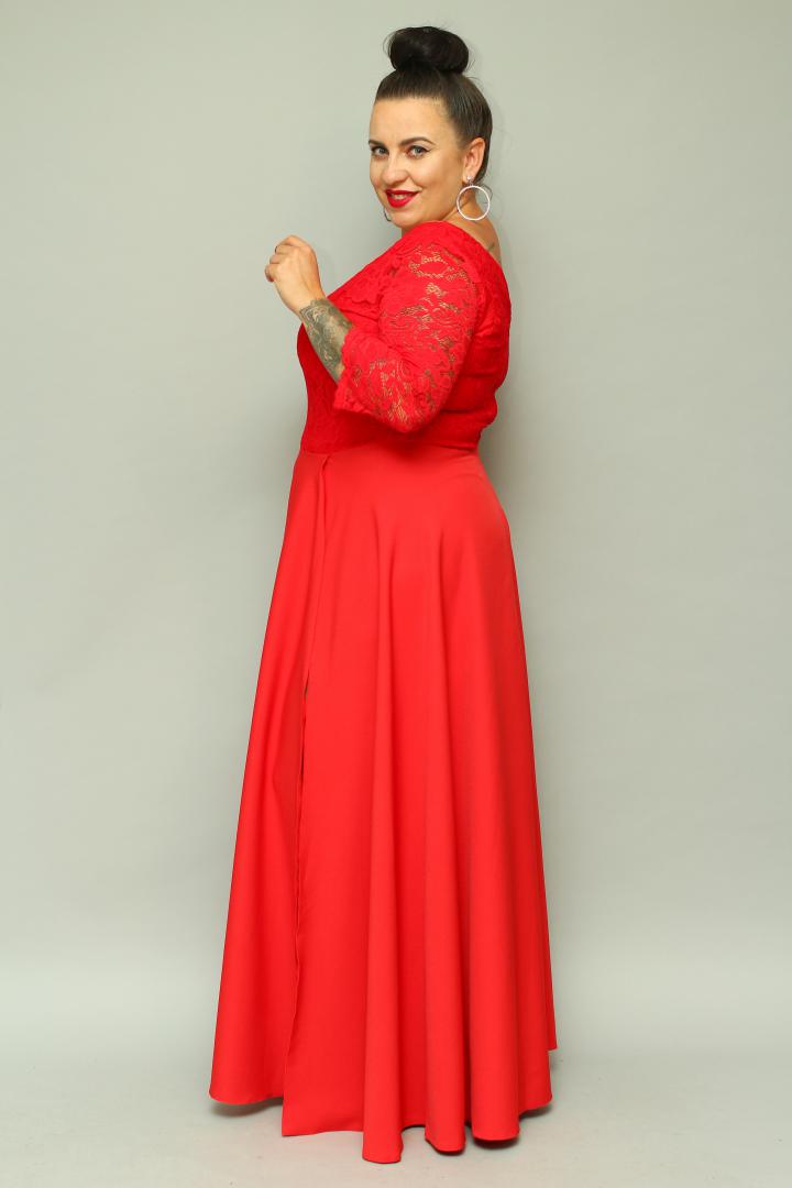 Sukienka Caterina maxi wieczorowa rozkloszowana ekskluzywna kopertowy dekolt koronka czerwona koronka kwiatki