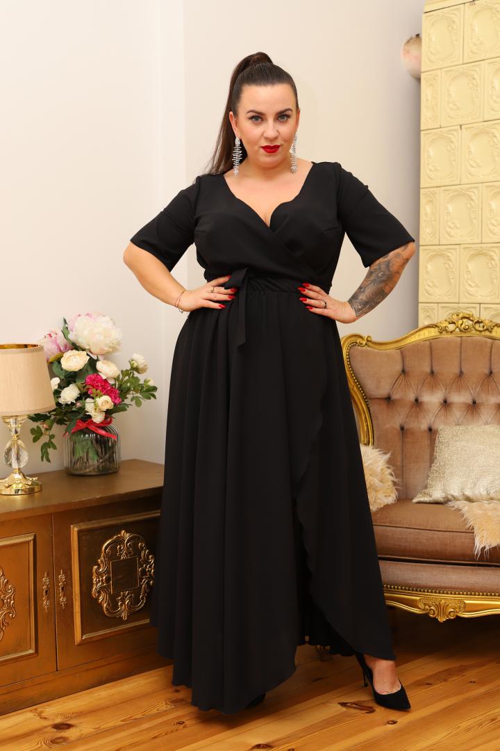 Sukienka Sofija o długości maxi rozkloszowana zwiewna kopertowy dekolt szyfon czarna