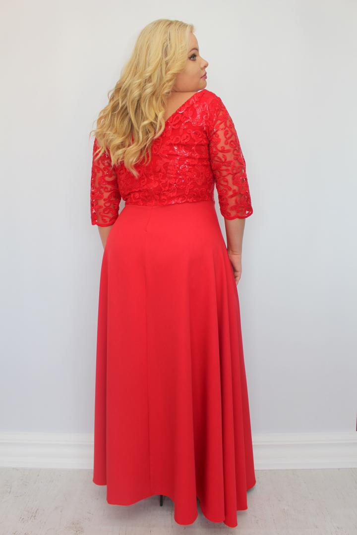 Sukienka Anastasia maxi wieczorowa rozkloszowana ekskluzywna dekolt serek czerwona cekiny listki