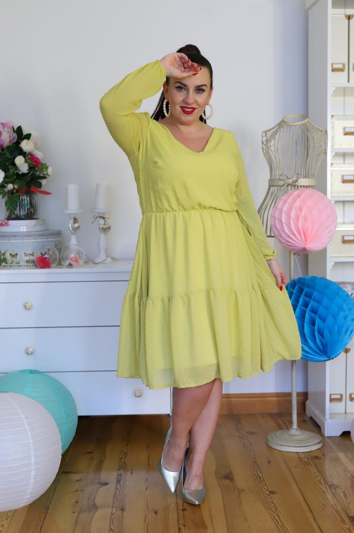 Sukienka Latina rozkloszowana szyfonowa lekka zwiewna szyfon bubble limonkowa