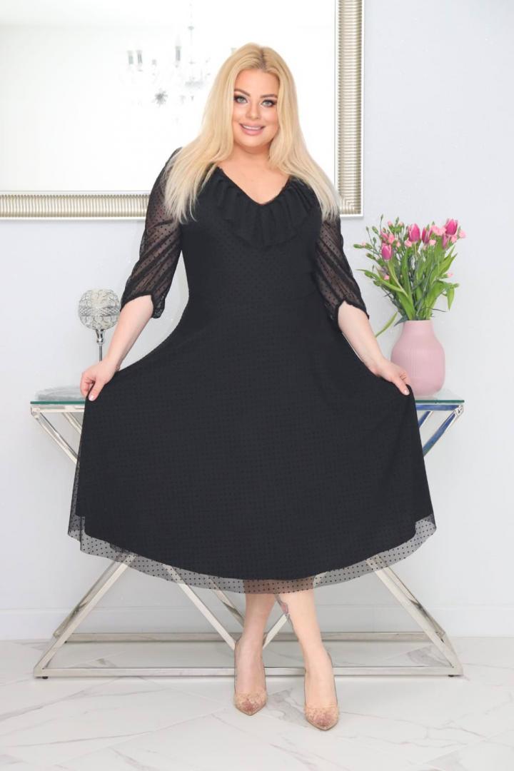 Sukienka Fabiola lekka zwiewna rozkloszowana tiulowa w groszki czarna