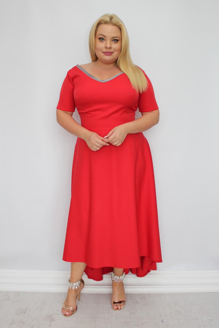 Sukienka Monica maxi wieczorowa rozkloszowana asymetryczna ekskluzywna cyrkoniowy dekolt czerwona
